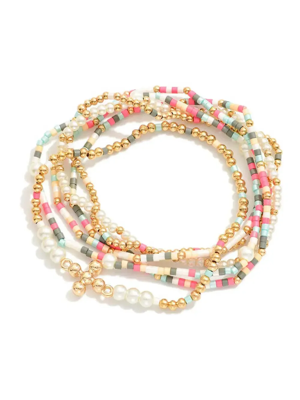 Multicolor Cross Charm Beaded Stretch Bracelet Stack Set of 6